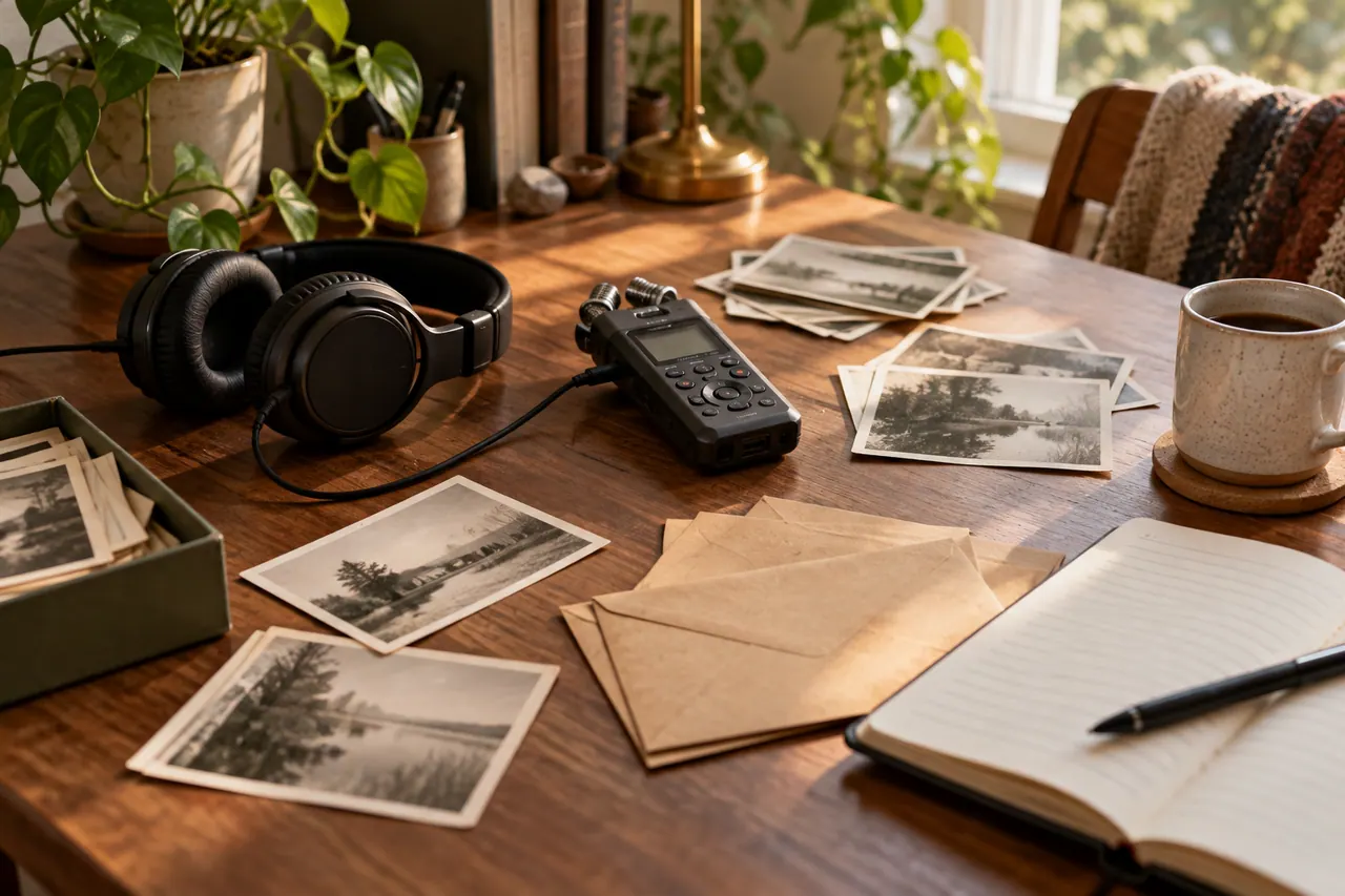A present-day oral-history editing desk with headphones.