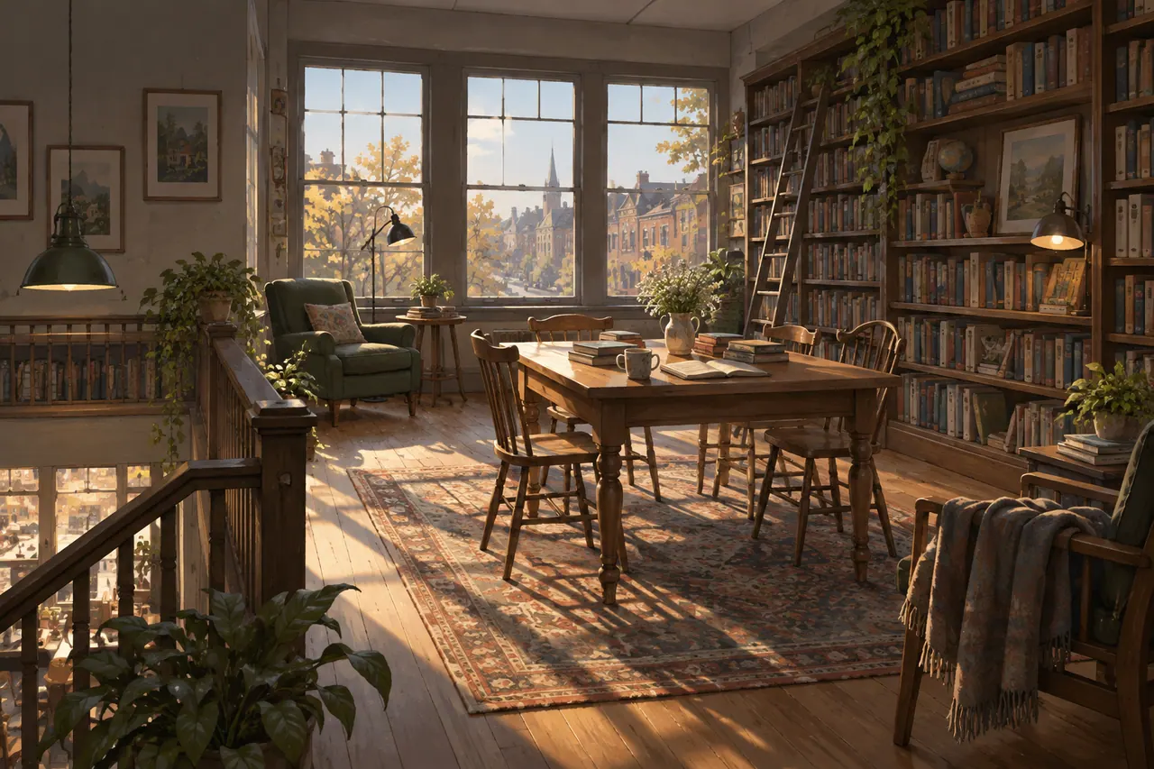 An imagined empty neighborhood reading room above a shop.